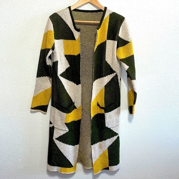 Zaful Geometric Green Yellow Pattern Cardigan - Picture 1 of 8
